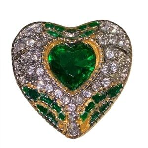 Green Heart Rhinestone Art Deco CZ Ring Silver Tone Sz 6
